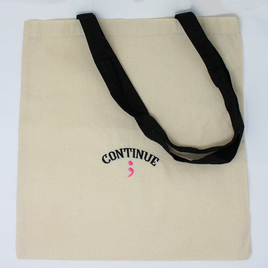 "Continue" Semicolon Embroidered Canvas Tote Bag