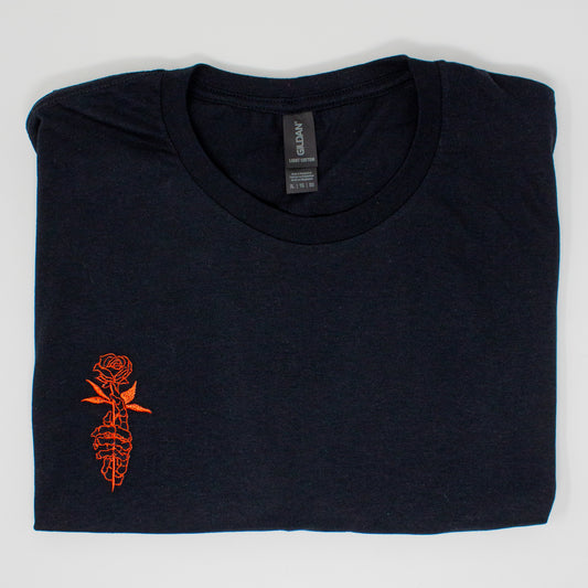 Unique Embroidered Skeletal Hand with Rose Graphic Tee - Artistic Black T-Shirt
