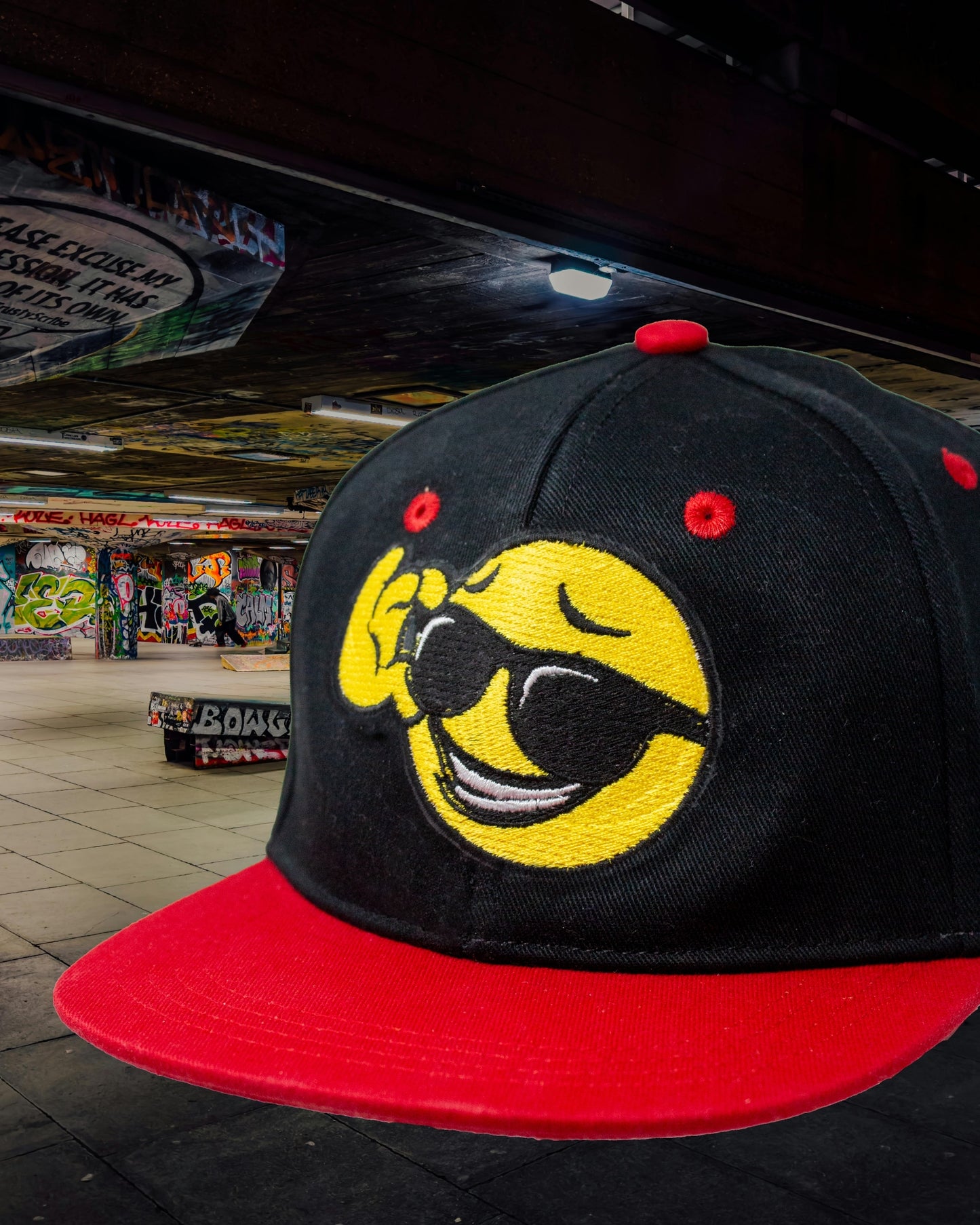 Cool Shades Emoji Snapback Cap - Black & Red