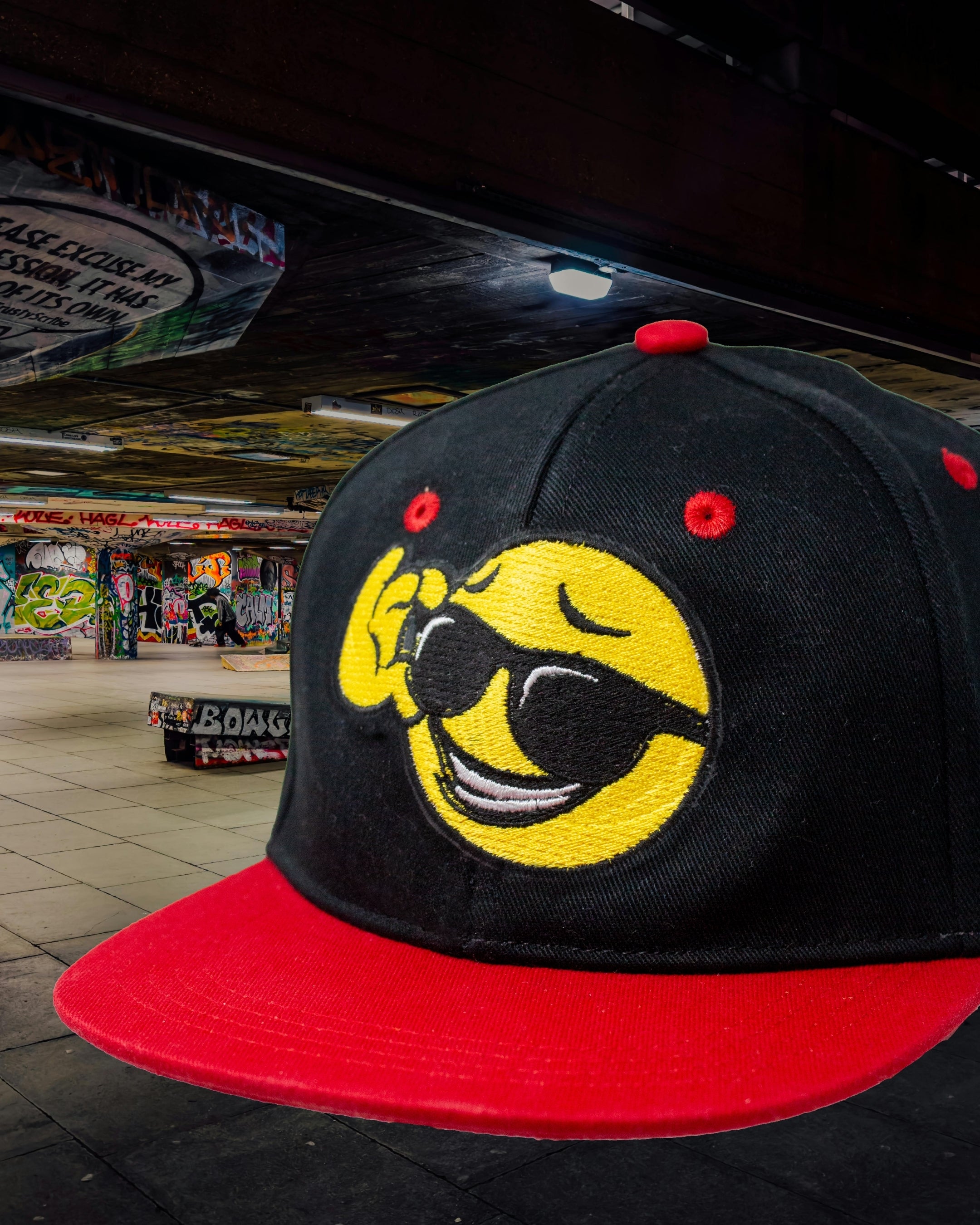Cool Shades Emoji Snapback Cap - Black & Red
