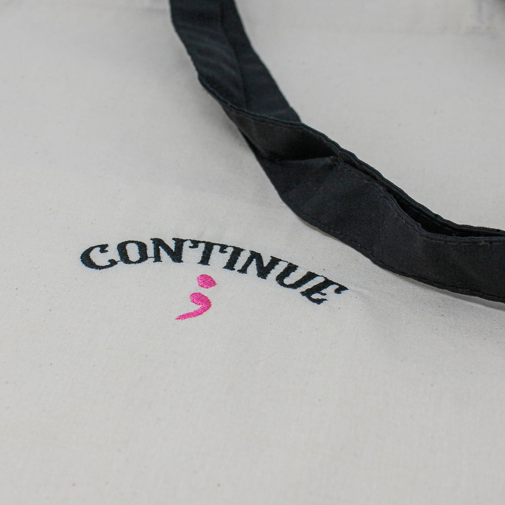 "Continue" Semicolon Embroidered Canvas Tote Bag
