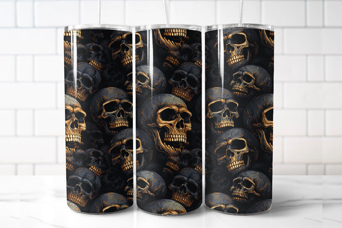 Gold Skull 20oz Skinny Tumbler – Black & Metallic Gothic Skull Stainless Steel Travel Mug with Lid & Straw