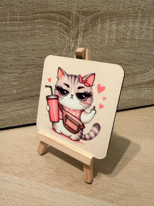 Sassy Cat with Pink Drink Coaster - Attitude Kitten Flip Off