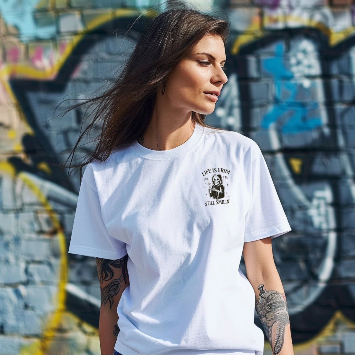Life Is Grim But I’m Still Smilin’ – Reaper Chest Print Tee
