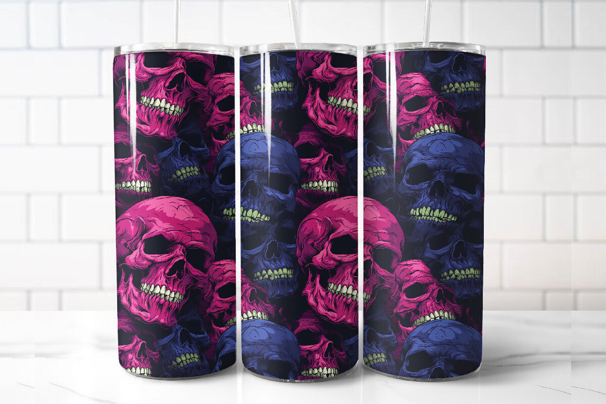 Neon Skull 20oz Skinny Tumbler – Pink & Blue Gothic Skull Stainless Steel Travel Mug with Lid & Straw