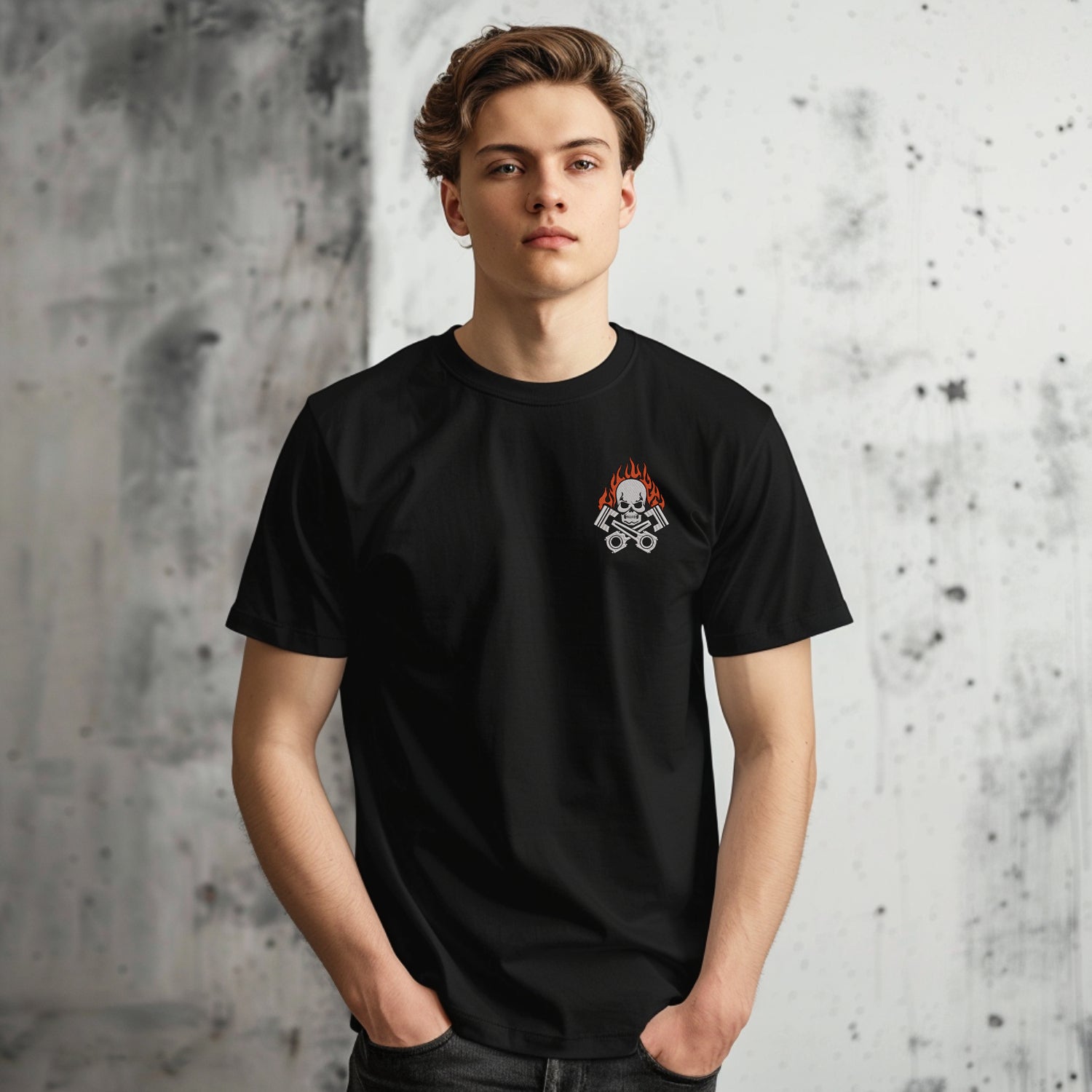 Flame Skull Edge Graphic Black T-Shirt – Minimal Chest Print Streetwear Tee
