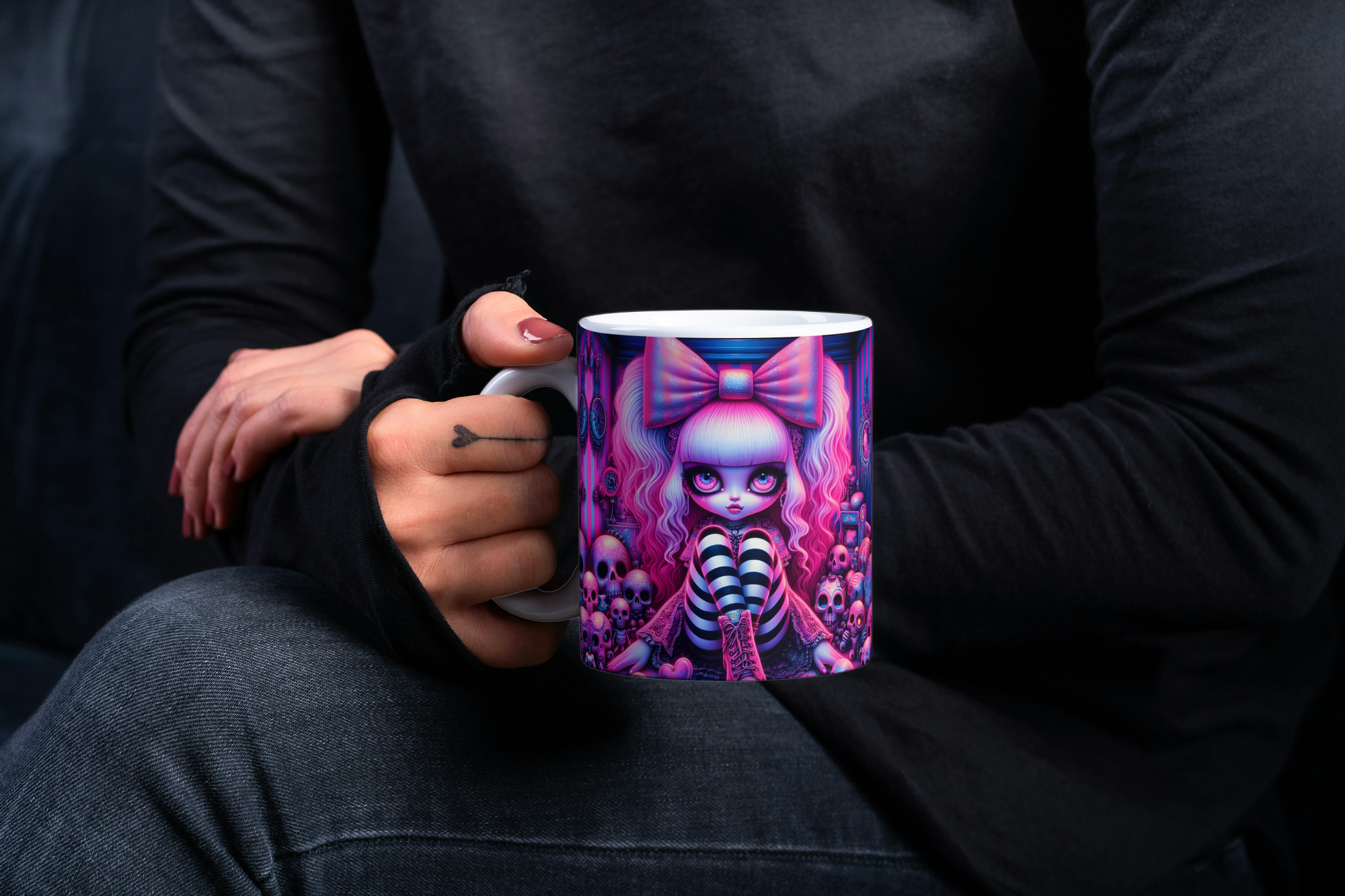 Pastel Goth Big Eye Doll Skull Mug