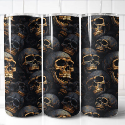 Gold Skull 20oz Skinny Tumbler – Black & Metallic Gothic Skull Stainless Steel Travel Mug with Lid & Straw