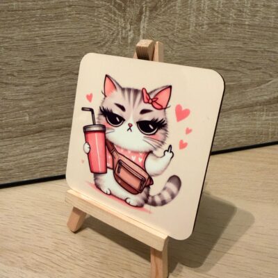 Sassy Cat with Pink Drink Coaster - Attitude Kitten Flip Off