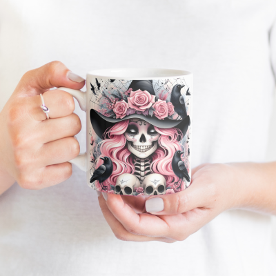 Gothic Sugar Skull Raven 11oz Mug with Pink Roses