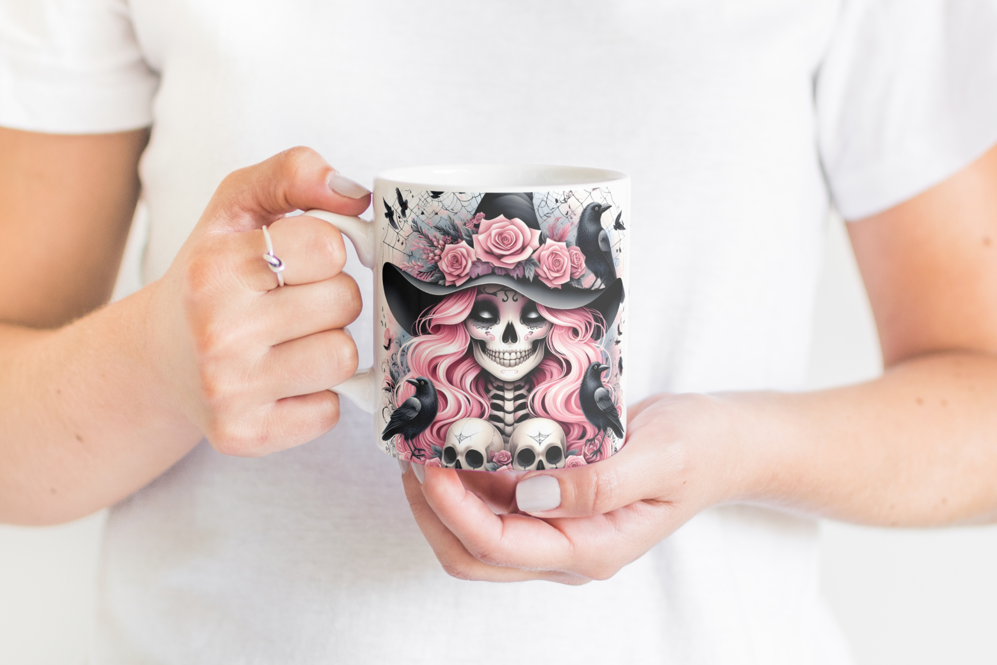 Gothic Sugar Skull Raven 11oz Mug with Pink Roses