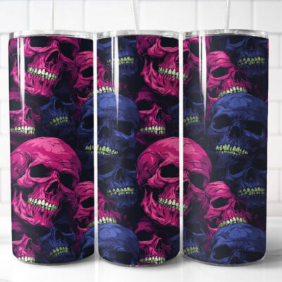 Neon Skull 20oz Skinny Tumbler – Pink & Blue Gothic Skull Stainless Steel Travel Mug with Lid & Straw