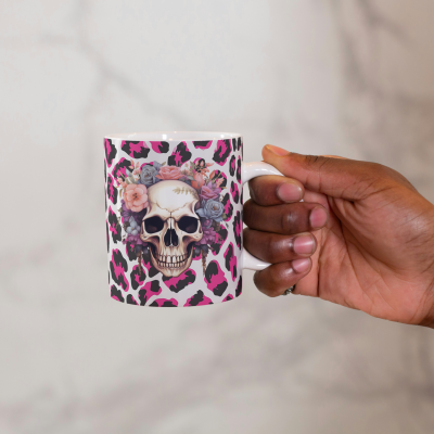 Pink Leopard Floral Skull 11oz Ceramic Mug